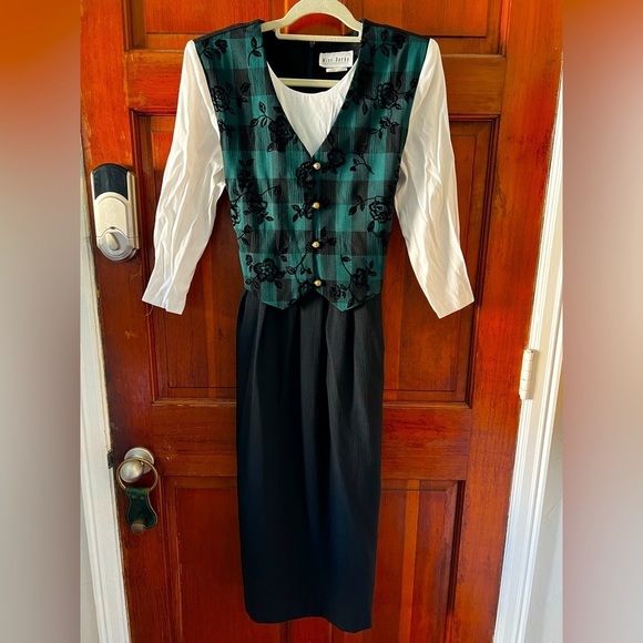 Vintage Dresses & Skirts - Vintage 80s Miss Dorby Oktoberfest Plaid Floral Maxi Dress Size 10 Green Gingham